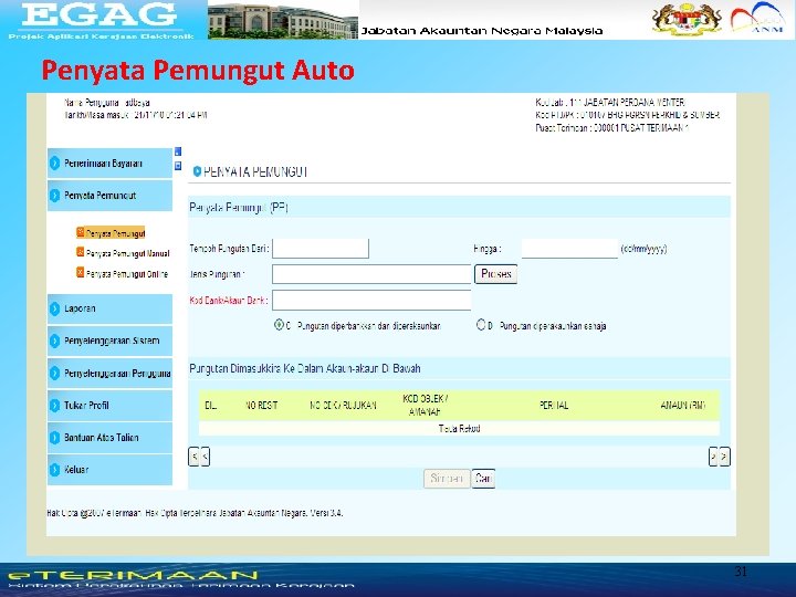 Penyata Pemungut Auto PEJABAT PROJEK APLIKASI KERAJAAN ELEKTRONIK 31 