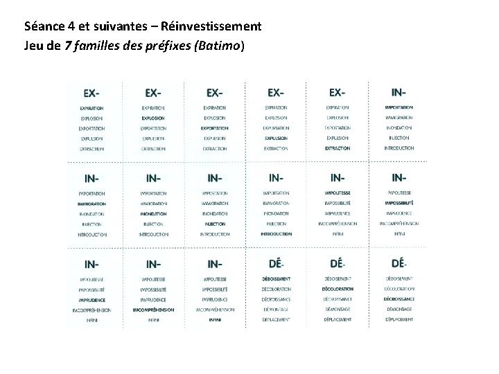 Séance 4 et suivantes – Réinvestissement Jeu de 7 familles des préfixes (Batimo) 