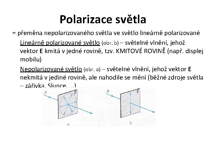 Polarizace světla = přeměna nepolarizovaného světla ve světlo lineárně polarizované Lineárně polarizované světlo (obr.