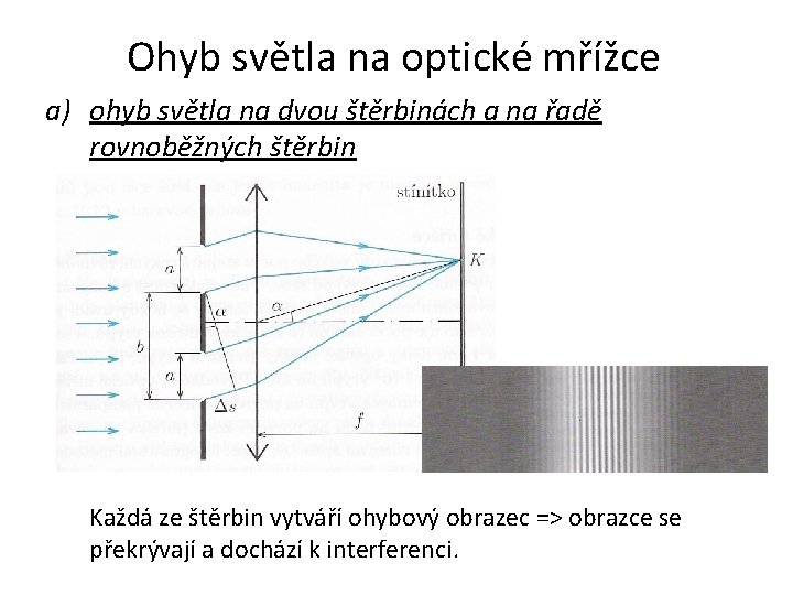 Ohyb světla na optické mřížce a) ohyb světla na dvou štěrbinách a na řadě