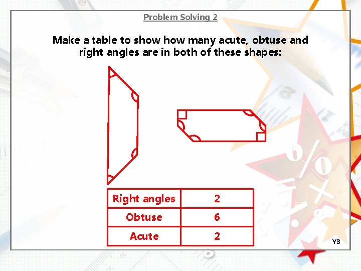 Problem Solving 2 Make a table to show many acute, obtuse and right angles