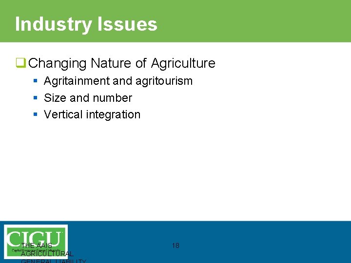 Industry Issues q Changing Nature of Agriculture § Agritainment and agritourism § Size and