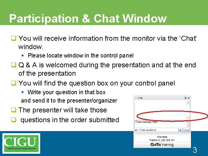 Participation & Chat Window q You will receive information from the monitor via the