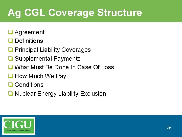 Ag CGL Coverage Structure q Agreement q Definitions q Principal Liability Coverages q Supplemental