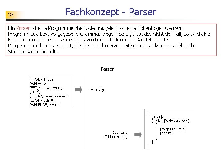 18 Fachkonzept - Parser Ein Parser ist eine Programmeinheit, die analysiert, ob eine Tokenfolge