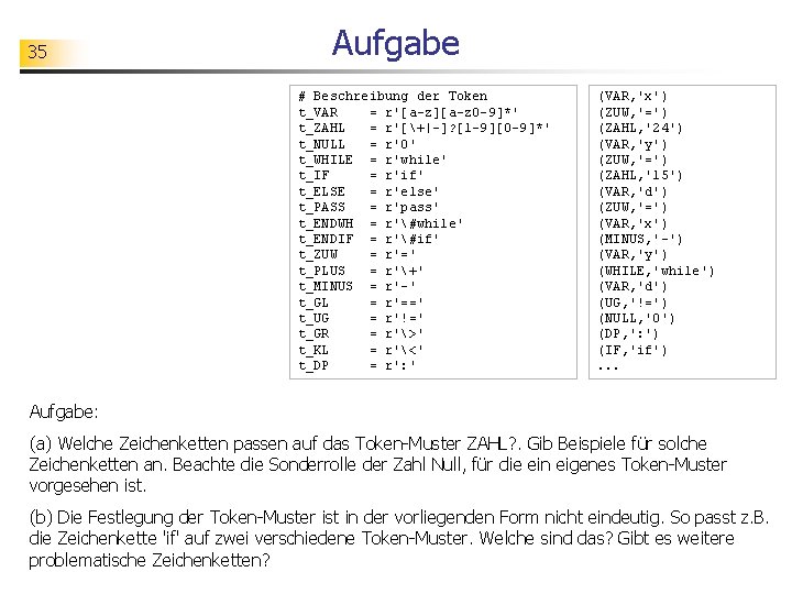 35 Aufgabe # Beschreibung der Token t_VAR = r'[a-z][a-z 0 -9]*' t_ZAHL = r'[+|-]?