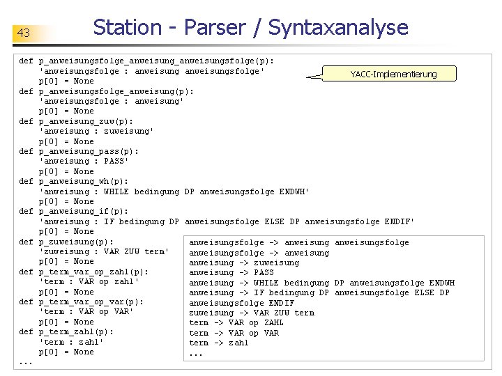 43 Station - Parser / Syntaxanalyse def p_anweisungsfolge_anweisungsfolge(p): 'anweisungsfolge : anweisungsfolge' YACC-Implementierung p[0] =