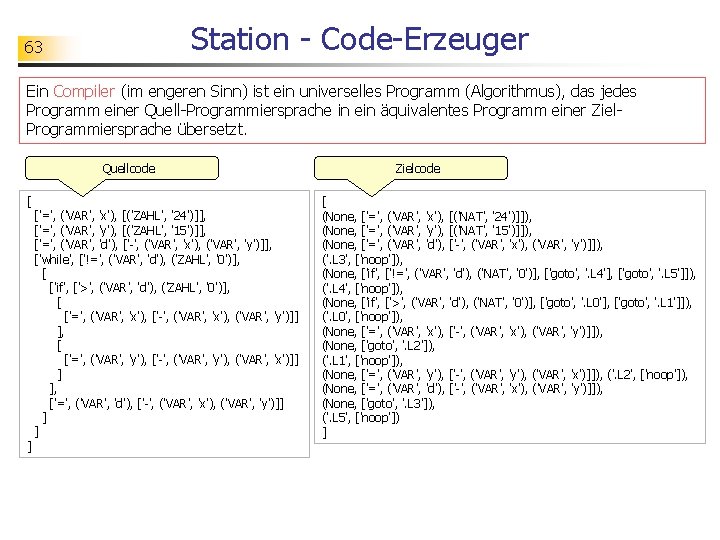 Station - Code-Erzeuger 63 Ein Compiler (im engeren Sinn) ist ein universelles Programm (Algorithmus),