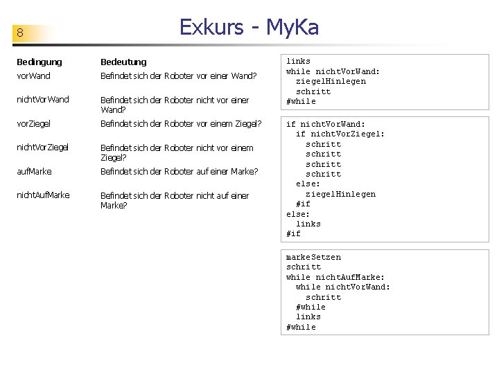 Exkurs - My. Ka 8 Bedingung Bedeutung vor. Wand Befindet sich der Roboter vor