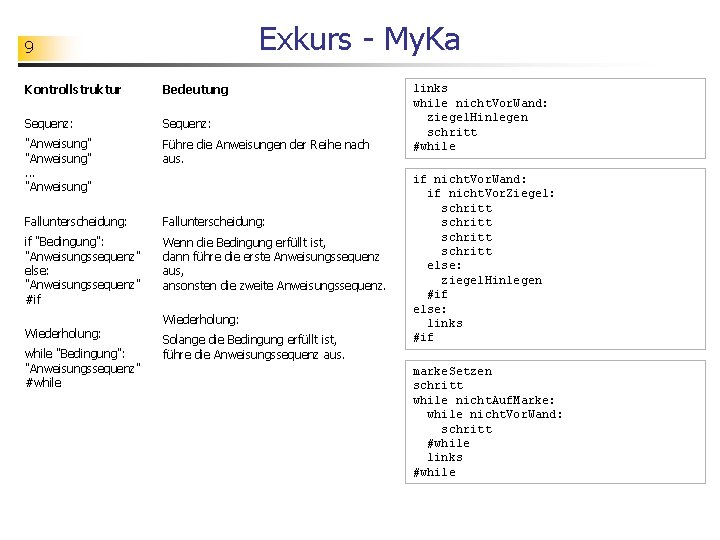 Exkurs - My. Ka 9 Kontrollstruktur Bedeutung Sequenz: "Anweisung". . . "Anweisung" Führe die