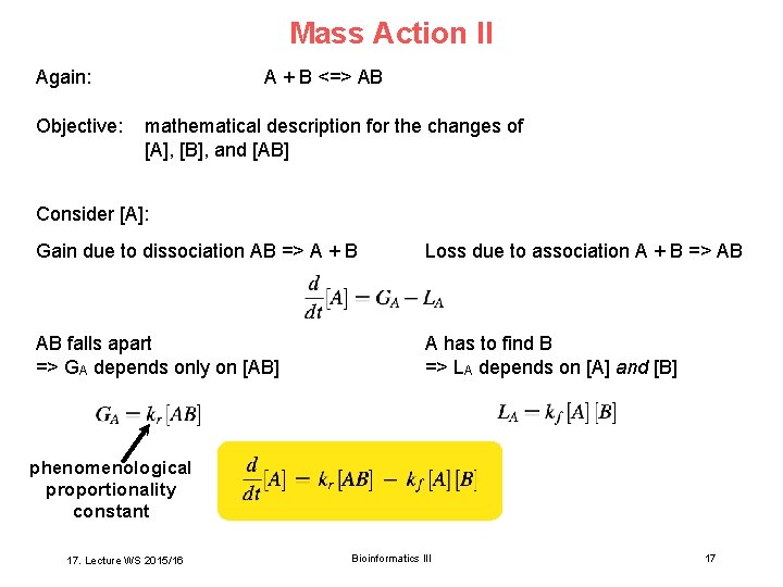 Mass Action II Again: Objective: A + B <=> AB mathematical description for the
