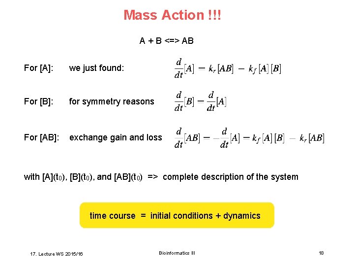 Mass Action !!! A + B <=> AB For [A]: we just found: For