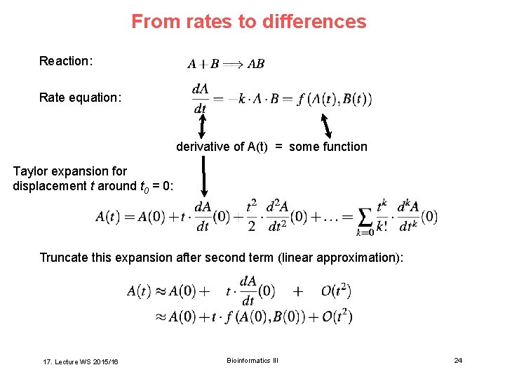 From rates to differences Reaction: Rate equation: derivative of A(t) = some function Taylor