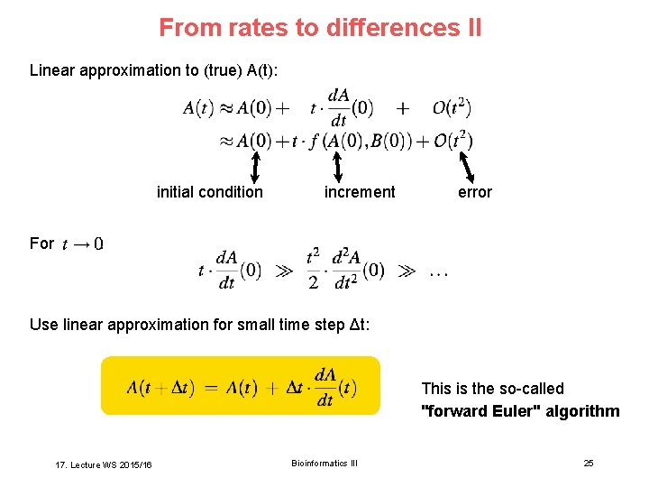 From rates to differences II Linear approximation to (true) A(t): initial condition For increment