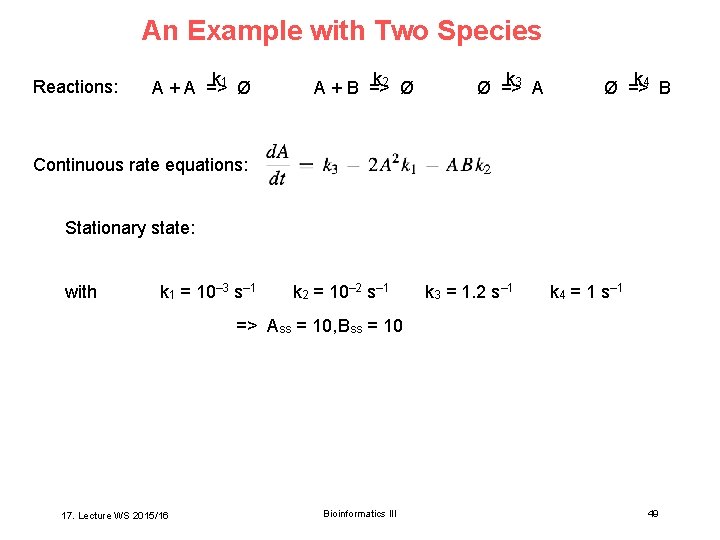 An Example with Two Species Reactions: k 1 Ø A + A => k