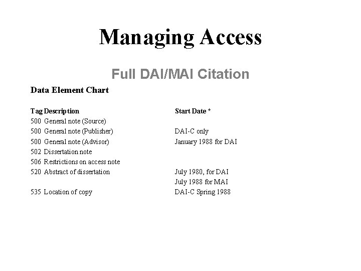 Managing Access Full DAI/MAI Citation Data Element Chart Tag Description 500 General note (Source)