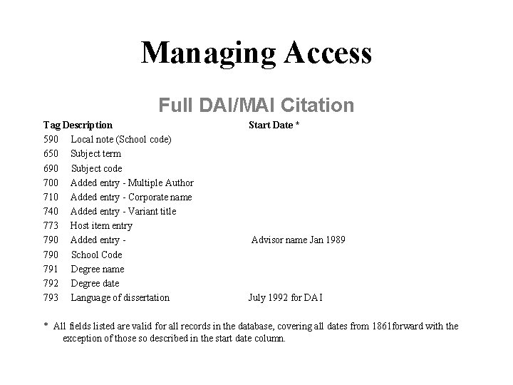 Managing Access Full DAI/MAI Citation Tag Description 590 Local note (School code) 650 Subject