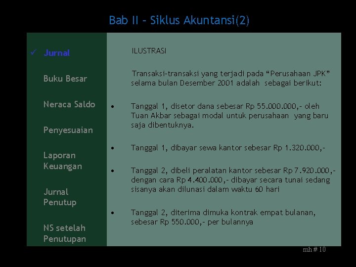 Bab II – Siklus Akuntansi(2) ILUSTRASI ü Jurnal Transaksi-transaksi yang terjadi pada “Perusahaan JPK”