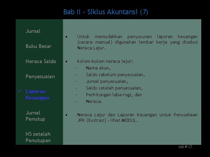 Bab II – Siklus Akuntansi (7) Jurnal • Buku Besar Neraca Saldo • Penyesuaian