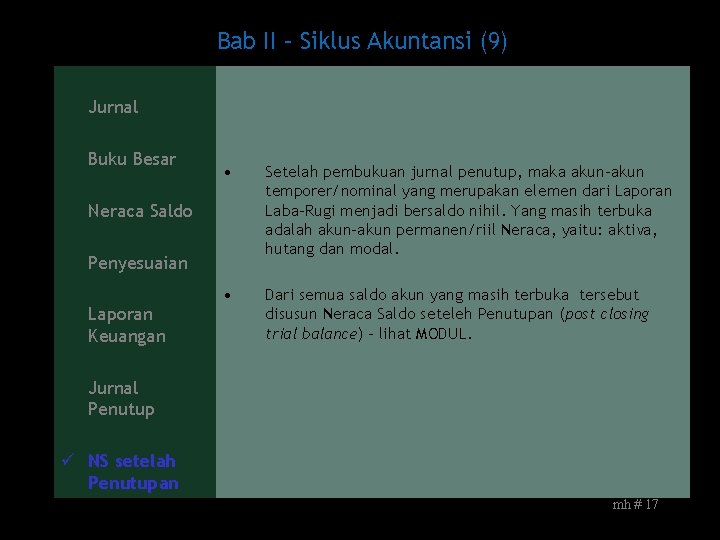 Bab II – Siklus Akuntansi (9) Jurnal Buku Besar • Setelah pembukuan jurnal penutup,