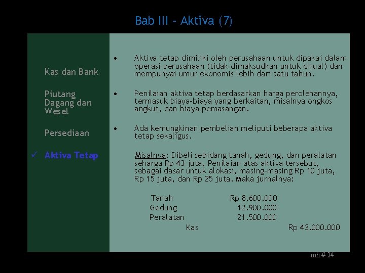 Bab III – Aktiva (7) • Aktiva tetap dimiliki oleh perusahaan untuk dipakai dalam