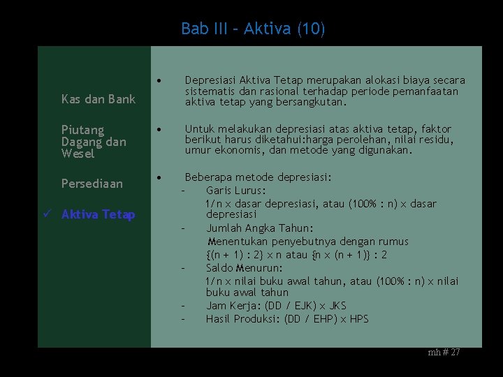 Bab III – Aktiva (10) • Depresiasi Aktiva Tetap merupakan alokasi biaya secara sistematis