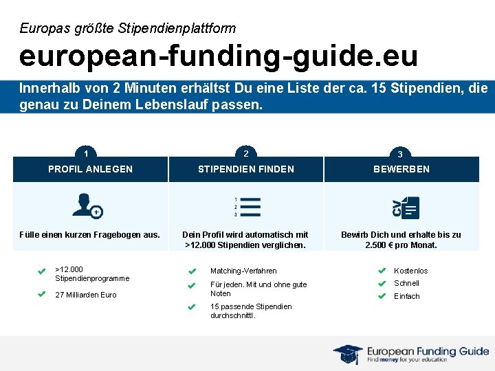 Europas größte Stipendienplattform european-funding-guide. eu Innerhalb von 2 Minuten erhältst Du eine Liste der