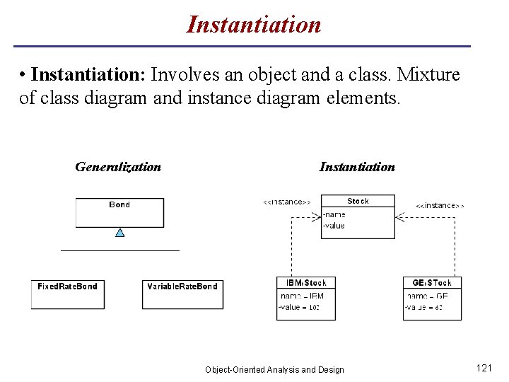 Instantiation • Instantiation: Involves an object and a class. Mixture of class diagram and