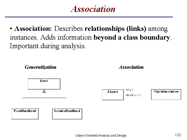 Association • Association: Describes relationships (links) among instances. Adds information beyond a class boundary.