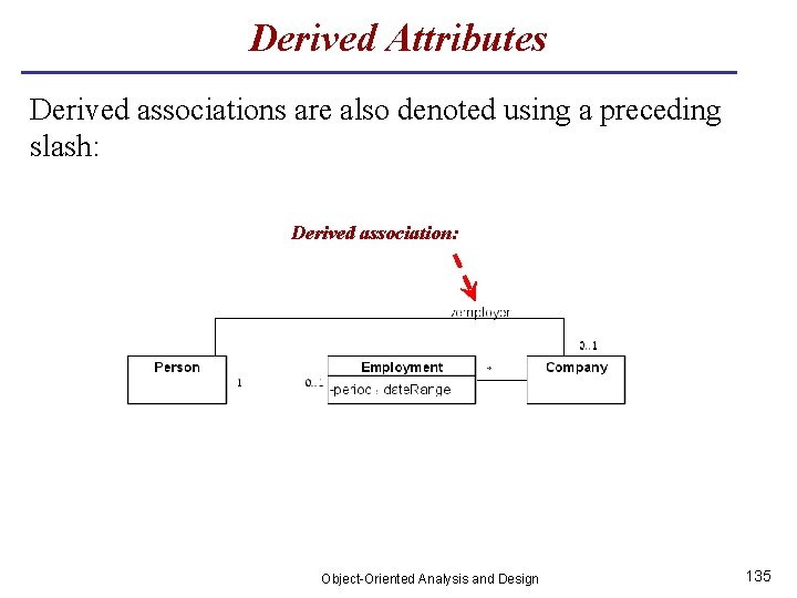 Derived Attributes Derived associations are also denoted using a preceding slash: Derived association: Object-Oriented