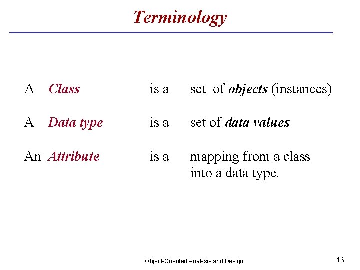 Terminology A Class is a set of objects (instances) A Data type is a