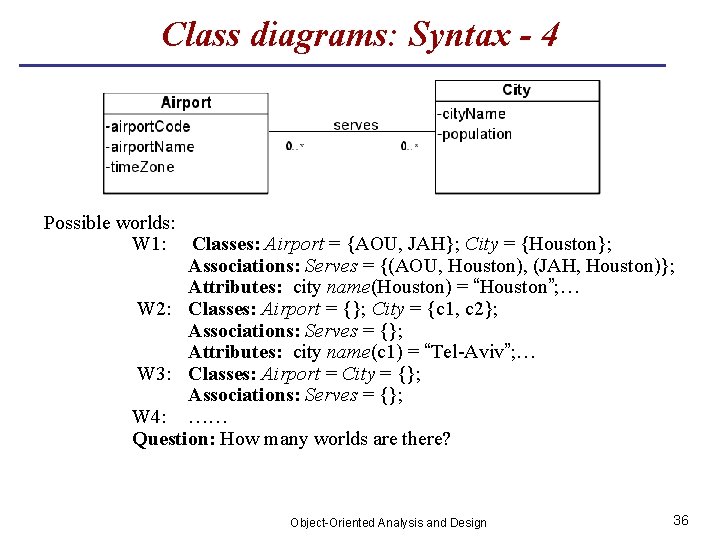 Class diagrams: Syntax - 4 Possible worlds: W 1: Classes: Airport = {AOU, JAH};