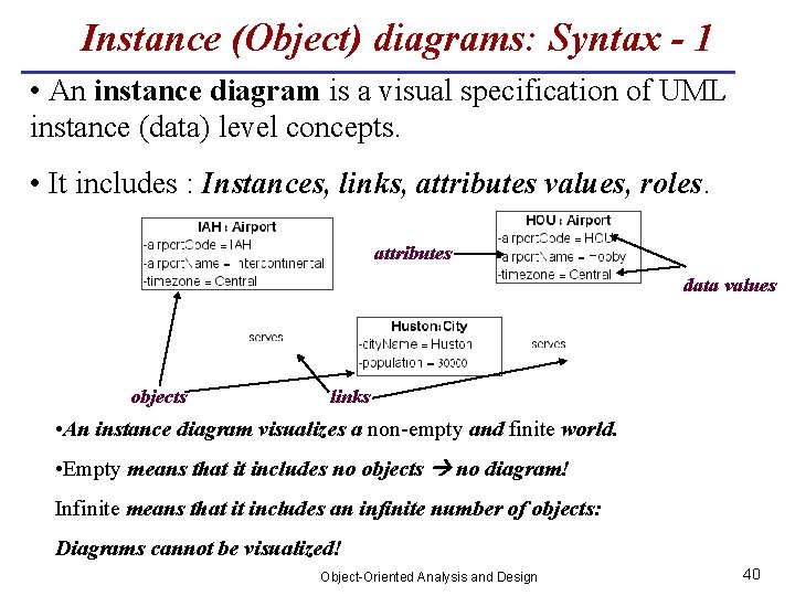 Instance (Object) diagrams: Syntax - 1 • An instance diagram is a visual specification