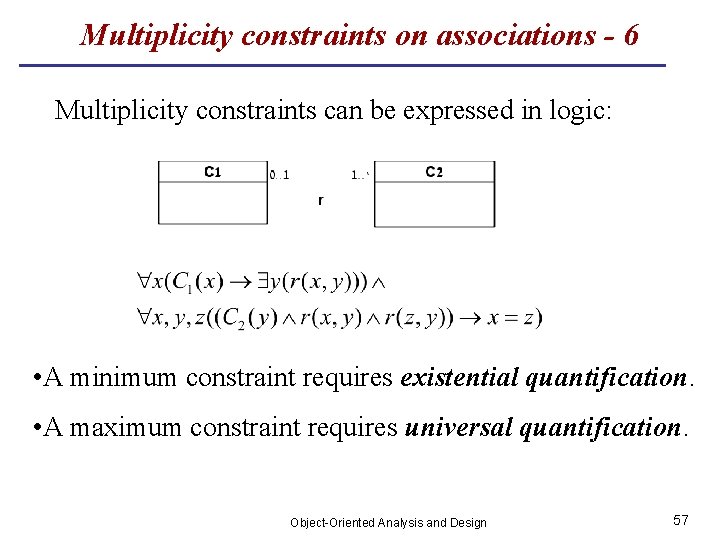 Multiplicity constraints on associations - 6 Multiplicity constraints can be expressed in logic: •