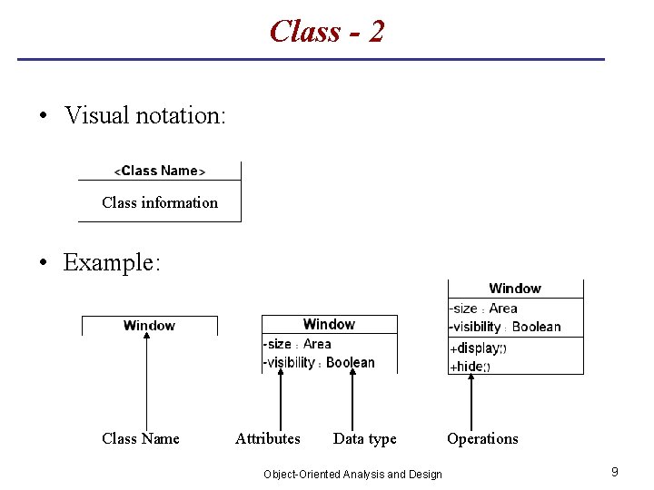 Class - 2 • Visual notation: Class information • Example: Class Name Attributes Data