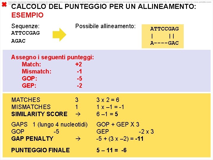  CALCOLO DEL PUNTEGGIO PER UN ALLINEAMENTO: ESEMPIO Sequenze: ATTCCGAG AGAC Possibile allineamento: ATTCCGAG