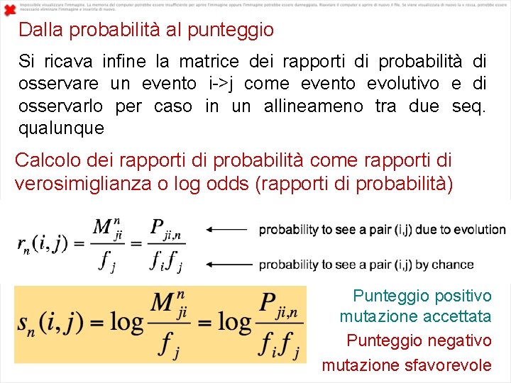 Dalla probabilità al punteggio Si ricava infine la matrice dei rapporti di probabilità di