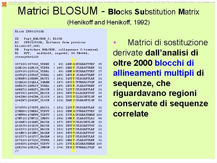 Matrici BLOSUM - Blocks Substitution Matrix (Henikoff and Henikoff, 1992) Block IPB 013510 A