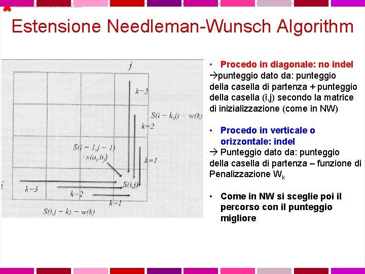 Estensione Needleman-Wunsch Algorithm • Procedo in diagonale: no indel punteggio dato da: punteggio della