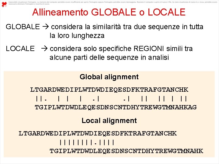 Allineamento GLOBALE o LOCALE GLOBALE considera la similarità tra due sequenze in tutta la