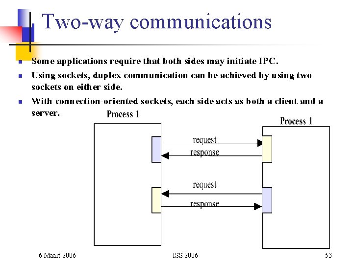 Two-way communications n n n Some applications require that both sides may initiate IPC.