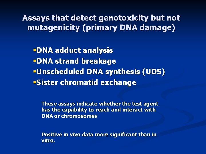 Assays that detect genotoxicity but not mutagenicity (primary DNA damage) §DNA adduct analysis §DNA