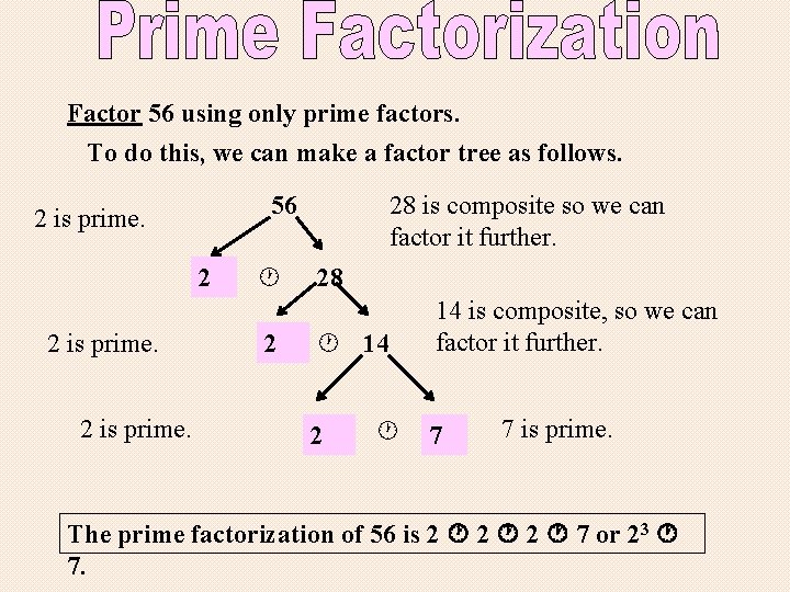 Factor 56 using only prime factors. To do this, we can make a factor