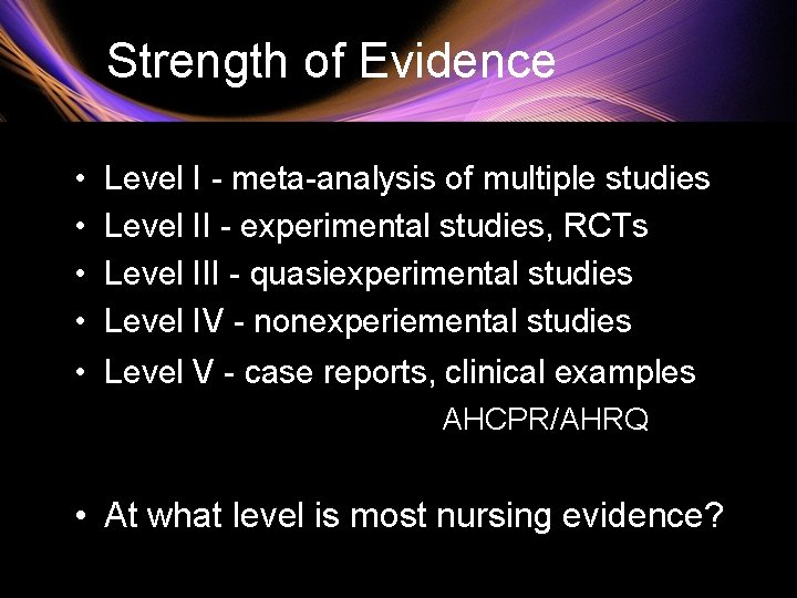 Strength of Evidence • • • Level I - meta-analysis of multiple studies Level