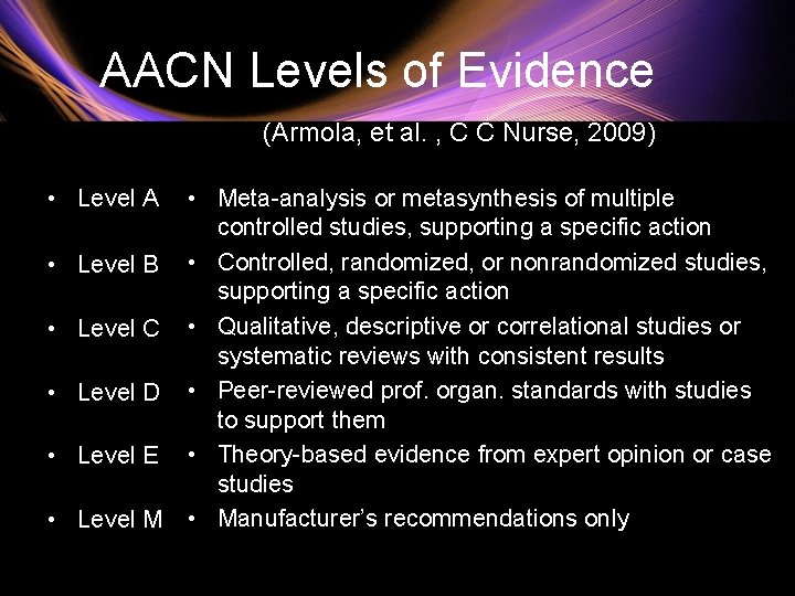 AACN Levels of Evidence • Level A (Armola, et al. , C C Nurse,