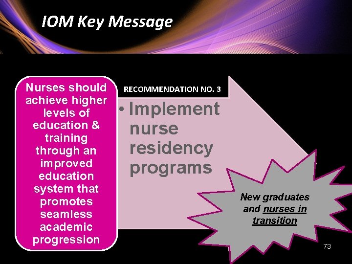 IOM Key Message Nurses should achieve higher levels of education & training through an