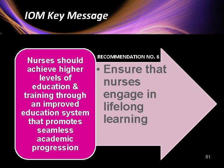 IOM Key Message Nurses should achieve higher levels of education & training through an