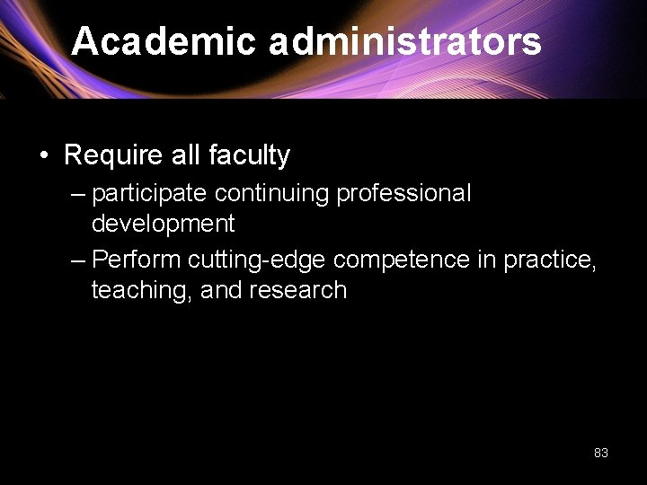 Academic administrators • Require all faculty – participate continuing professional development – Perform cutting-edge