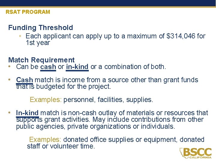 RSAT PROGRAM Funding Threshold • Each applicant can apply up to a maximum of