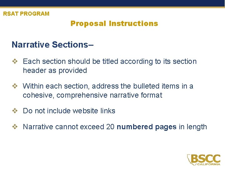 RSAT PROGRAM Proposal Instructions Narrative Sections– v Each section should be titled according to
